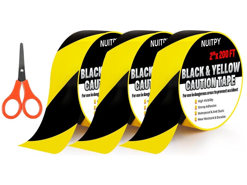 NUITPY 3 Roll Black & Yellow Caution Tape, 2'' x 600 FT Total Length Safety Tape, Black & Yellow Floor Marking Tapes, High Adhesive Hazard Tapes for Floors, Walls, Staircase, Pipes, Equipment, Dangerous Area - Image 1